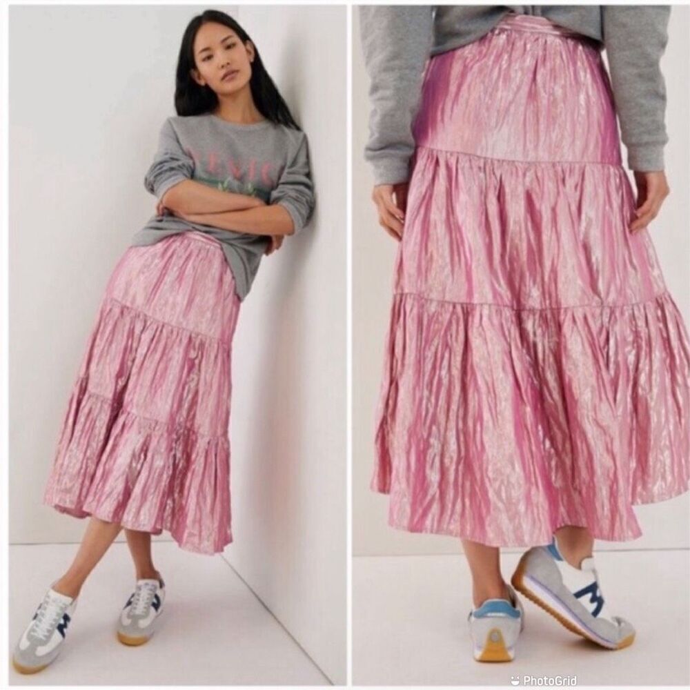 Anthropologie Maeve Alicia Crinkled Metallic Midi Skirt